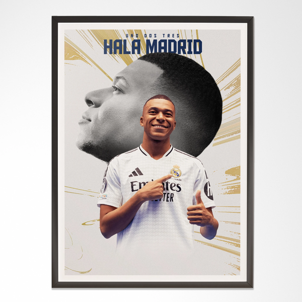 Modern framed wall art of a smiling soccer player in a Real Madrid jersey, minimalist style