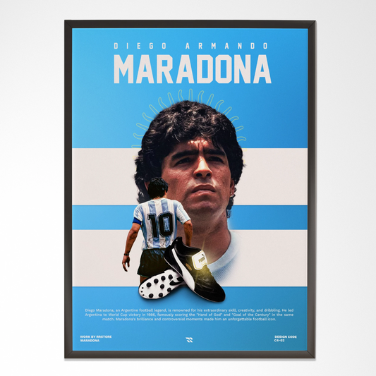 Modern wall art frame with Maradona portrait, Argentina jersey, and football boot, minimalist design