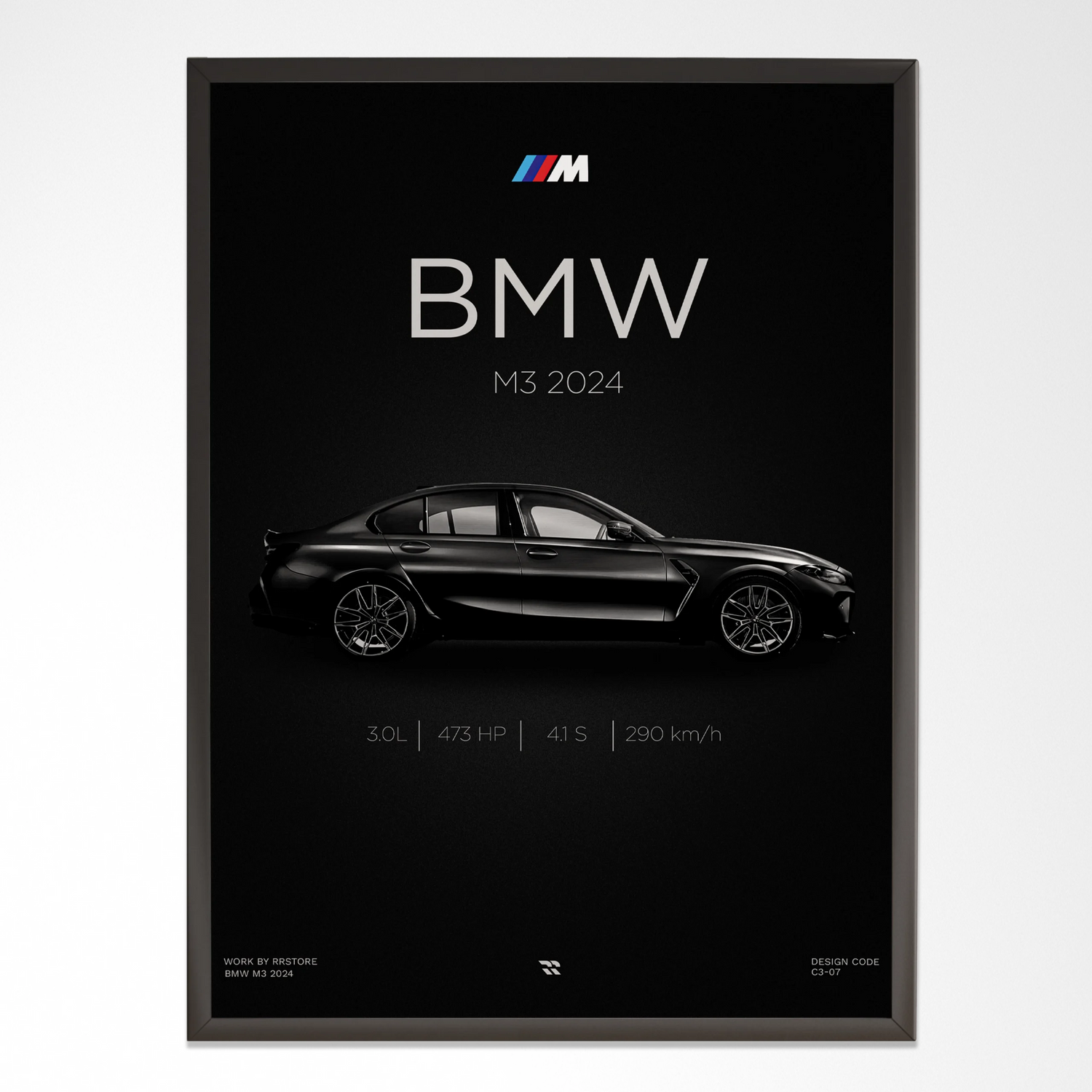 Modern wall art frame featuring a BMW M3 2024 car graphic on black background, RRstore décor