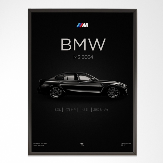 Modern wall art frame featuring a BMW M3 2024 car graphic on black background, RRstore décor