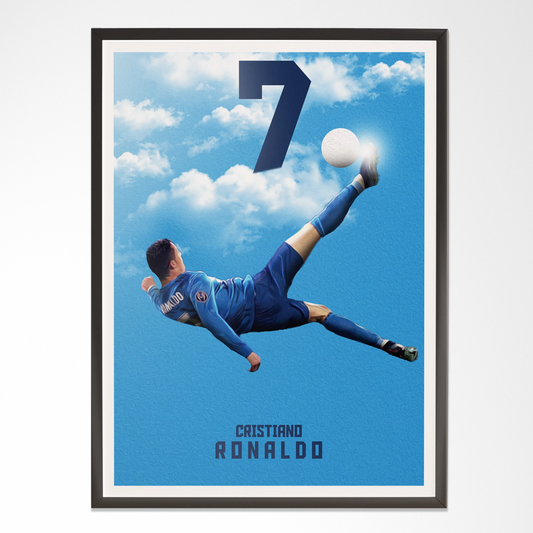 Framed wall art of a football player in blue jersey performing a bicycle kick, number 7, modern design