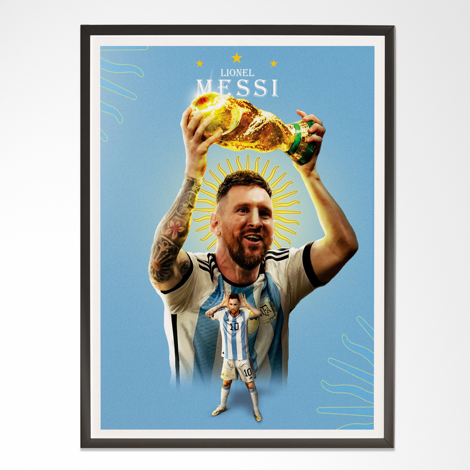 Framed wall art of Lionel Messi holding World Cup trophy, modern football decor, RRstore