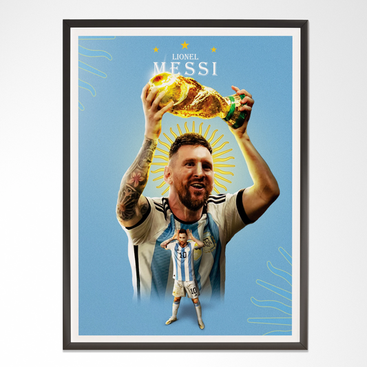 Framed wall art of Lionel Messi holding World Cup trophy, modern football decor, RRstore