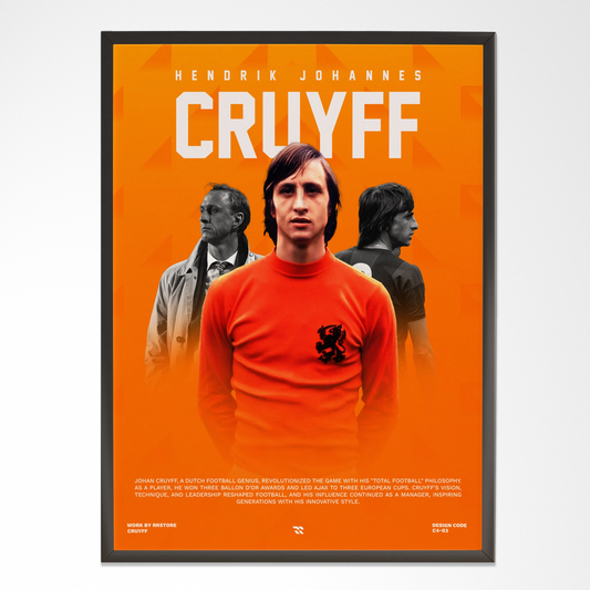 Framed wall art poster of Johan Cruyff in orange, modern football decor from RRstore Egypt