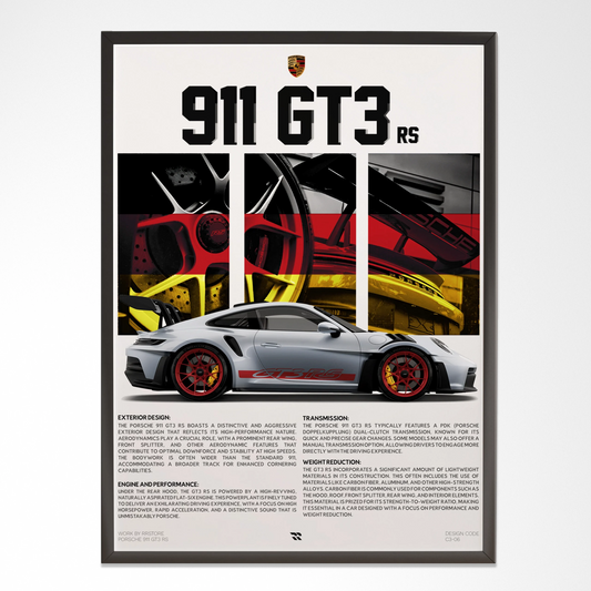 Modern wall art frame featuring a Porsche 911 GT3 RS car design with automotive details.