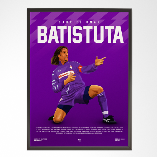 Modern framed wall art of football player Batistuta in purple uniform, minimalist design