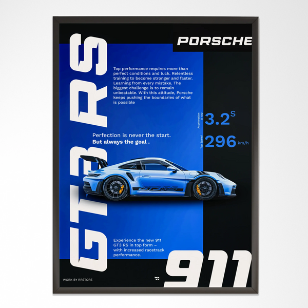 Modern wall art frame featuring a blue Porsche 911 GT3 RS, sporty minimalist design by RRstore