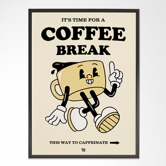 Modern wall art frame featuring a cartoon coffee cup character with 'Coffee Break' text.