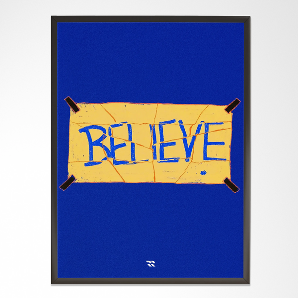 Modern wall art frame with a yellow 'BELIEVE' sign on a bold blue background, minimalist décor
