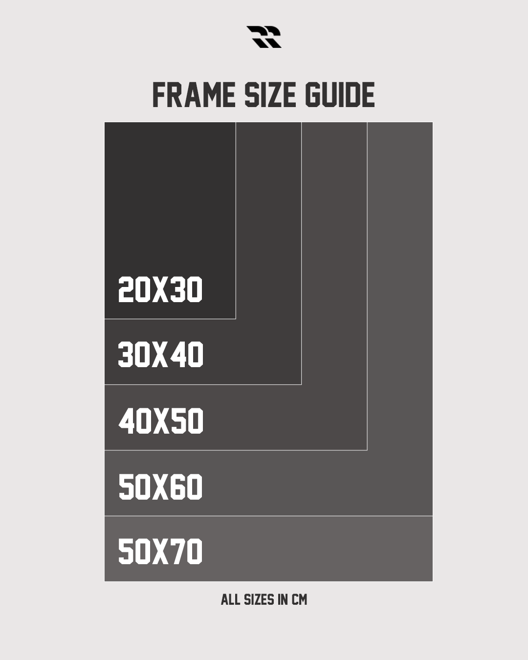 RRstore wall art frame size guide with 20x30, 30x40, 40x50, 50x60, 50x70 cm options.
